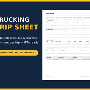 Könnte beinhalten: Ein weißes Papierformular mit dem Titel TRUCKING TRIP SHEET mit Abschnitten für Fahrtendetails, Ladungen, Meilen pro Bundesstaat, Kraftstoffkäufe und andere Ausgaben. Das Dokument enthält Felder für Fahrer, LKW, Anhänger und Kilometerstände zur Dokumentation.