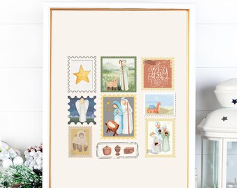 Nativity Printable Art, Christmas Holy Family Digital Download, Nativity Scene Christmas Card Wall Art, Christian Art Mary Joseph Baby Jesus