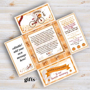 Può includere: Un biglietto pieghevole a più pannelli con grafiche a tema autunnale che includono biciclette, zucche e foglie cadute. Il biglietto mostra un testo religioso, la frase Happy Fall e sezioni modificabili con il testo sending warm wishes to our favorite missionary.