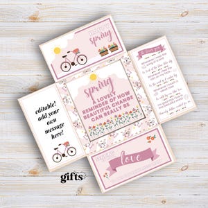 May include: A pink, open greeting card with spring-themed illustrations, including a bicycle, flowers, and a sun. The card has text that reads "Happy Spring," "Spring: A lovely reminder of how beautiful change can really be," and "Love."