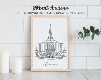 Gilbert Temple Line Art Printable Digital Download, LDS Baptism & Wedding Gift Gilbert Arizona Temple, YW RS Activity Coloring or Watercolor