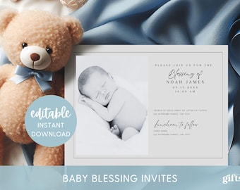 LDS Baby Blessing Invitation Template, Canva Editable Invite, Invitation for Boy Neutral Baby Blessing with Photo, Christening Announcement