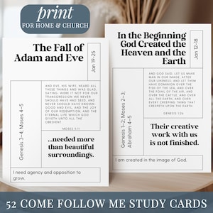 Könnte beinhalten: Zwei weiße Lernkarten mit schwarzem Text. Eine Karte lautet "Der Fall von Adam und Eva" und die andere "Am Anfang schuf Gott den Himmel und die Erde". Die Karten sind Teil eines Sets von 52 "Komm und folge mir" Lernkarten.