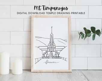Arte lineal imprimible para descargar digitalmente del Templo de Mt. Timpanogos, regalo de bautismo y boda SUD, Templo de Mt. Timp, actividad para colorear o acuarela de la RS de las Mujeres Jóvenes