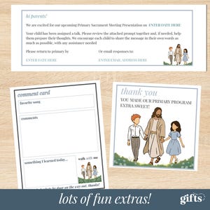 Może przedstawiać: Zestaw drukowanych kart zawierający list do rodzic&oacute;w, kartę z komentarzami oraz podziękowanie. Każda karta ma niebieską ramkę i ilustrację postaci w szatach idącej z dwojgiem dzieci przez pole pełne kwiat&oacute;w w słoneczny dzień.