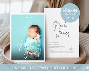 LDS Baby Blessing Invitation Template, Canva Editable Invite, Invitation for Boy Neutral Baby Blessing with Photo, Christening Announcement