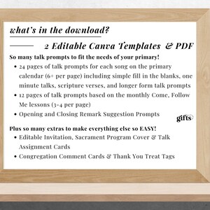 Może przedstawiać: Jasna drewniana ramka zawierająca biały znak z czarnym tekstem zatytułowanym what's in the download?, wymieniająca 2 edytowalne szablony Canva i PDF, 24 strony z tematami do rozm&oacute;w, 12 stron z lekcjami miesięcznymi oraz r&oacute;żne karty.
