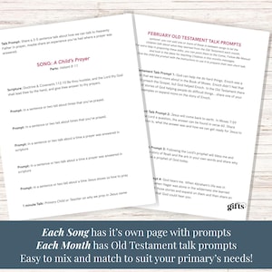 Może przedstawiać: Dwie białe, zadrukowane kartki papieru z religijnymi tematami do rozm&oacute;w i tekstami piosenek. Lewa kartka ma tytuł SONG: A Child's Prayer, a prawa FEBRUARY OLD TESTAMENT TALK PROMPTS. Obie strony zawierają czarny tekst i czerwone nagł&oacute;wki.