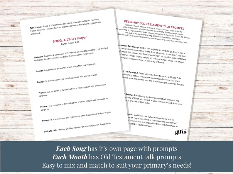 Może przedstawiać: Dwie białe, zadrukowane kartki papieru z religijnymi tematami do rozm&oacute;w i tekstami piosenek. Lewa kartka ma tytuł SONG: A Child's Prayer, a prawa FEBRUARY OLD TESTAMENT TALK PROMPTS. Obie strony zawierają czarny tekst i czerwone nagł&oacute;wki.