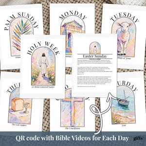 Peut inclure: Ensemble de cartes blanches avec des illustrations à l'aquarelle et du texte pour chaque jour de la Semaine Sainte. Les cartes présentent des images d'une branche de palmier, d'un bâtiment, d'un agneau, de Jésus, de pain et d'un calice, d'une croix et d'un bateau. Le texte comprend "Palm Sunday", "Monday", "Tuesday", "Holy Week", "Thursday", "Easter Sunday", et "Friday".