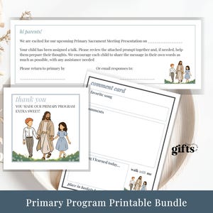 Könnte beinhalten: Ein druckbares Set mit einem Hinweis zur Präsentation bei der Abendmahlsversammlung, einer Dankeskarte und einer Kommentar-Karte. Jeder Artikel zeigt Illustrationen einer Figur in Gewändern, die mit zwei Kindern geht, inklusive Text.