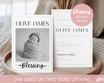 LDS Baby Blessing Invitation Template, Canva Editable Invite, Invitation for Girl Neutral Baby Blessing with Photo, Christening Announcement