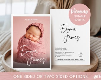 LDS Baby Blessing Invitation Template, Canva Editable Invite, Invitation for Girl Neutral Baby Blessing with Photo, Christening Announcement
