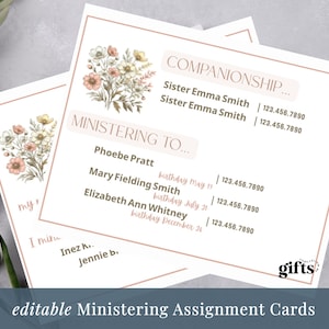 May include: A rectangular white card with a thin pink border featuring a watercolor floral illustration in the top left corner. The text reads COMPANIONSHIP, Sister Emma Smith, MINISTERING TO, Phoebe Pratt, Mary Fielding Smith, and Elizabeth Ann Whitney.