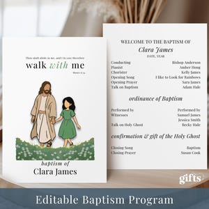 May include: A white baptism programme featuring a graphic of a figure in a robe walking with a child in a green dress through a field. The text reads "walk with me", "baptism of Clara James", and includes an order of service for the ceremony.