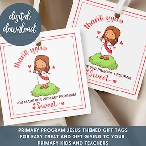 Puede incluir: Dos etiquetas de regalo blancas con bordes rojos y una ilustración de Jesús de dibujos animados. Las etiquetas dicen "gracias" y "Hiciste que nuestro programa de primaria fuera dulce". Un círculo azul dice "descarga digital".
