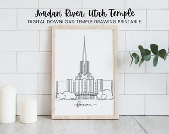 Arte lineal del templo del río Jordán, descarga digital imprimible, bautismo SUD y regalo de boda, río Jordán, Utah, actividad para colorear o con acuarela de las mujeres jóvenes