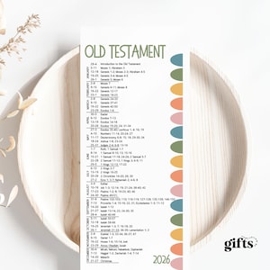 May include: A vertical calendar print titled "Old Testament" with a list of biblical references for each month of the year 2026. The calendar has a colorful design and is set against a neutral background.