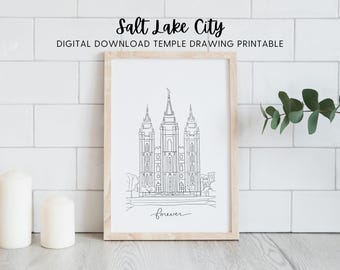 Arte lineal del templo de SLC, descarga digital imprimible, bautismo SUD y regalo de boda, Templo de Salt Lake City, actividad para colorear y acuarela de las Mujeres Jóvenes