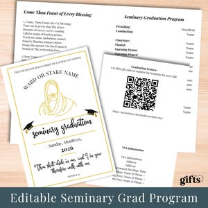 Puede incluir: Un conjunto de documentos de papel blanco con texto y gráficos. La hoja superior es un programa de graduación con el texto "Seminary Graduation" y la fecha "Sunday, Month 01, 2026." Los documentos tienen detalles dorados y un código QR.