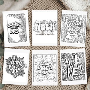 May include: Six white cards with the words "Walk With Me" in various artistic fonts and designs. The cards feature intricate black and white patterns, floral elements, and decorative borders. The word "gifts" is in the bottom right corner.