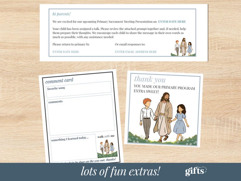 May include: A set of printed cards including a parent notification letter, a comment card, and a thank you note. Each card features a blue border and an illustration of a figure in robes walking with two children in a grassy field with flowers.