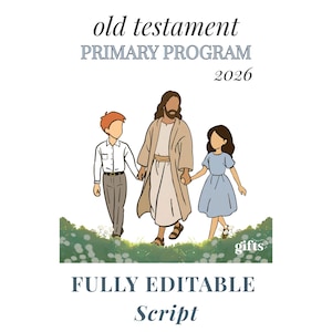 Może przedstawiać: Cyfrowa ilustracja z tekstem old testament PRIMARY PROGRAM 2026 na g&oacute;rze i FULLY EDITABLE Script na dole. W centrum postać w beżowej szacie idzie pomiędzy dwojgiem dzieci na polu z zieloną trawą i białymi kwiatami.