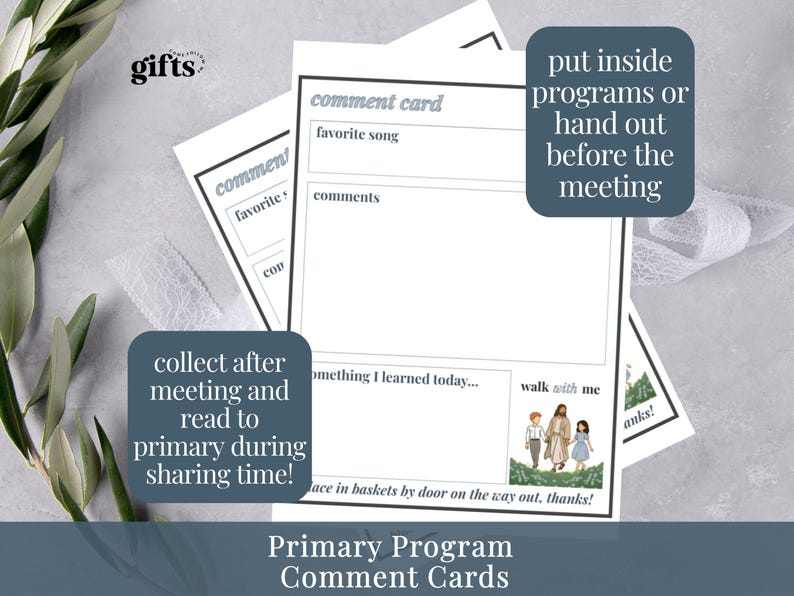 May include: White paper comment cards with black borders and text. Each card features sections for favourite song, comments, and something I learned today. A small illustration shows a figure in robes walking with two children, labelled walk with me.