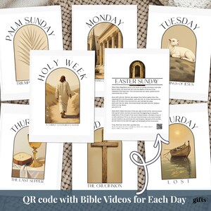 May include: A set of cards depicting scenes from Holy Week, with illustrations and text for each day. The cards show a palm branch, a building, a lamb, Jesus, a cross, a boat, and a chalice. The text includes "Palm Sunday", "Monday", "Tuesday", "Holy Week", "Easter Sunday", "The Last Supper", "The Crucifixion", and "Lost".