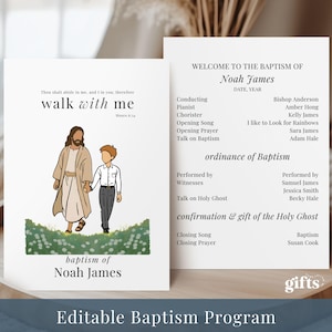 May include: A two-sided baptism programme for Noah James featuring a white cardstock design. The front displays an illustration of a figure in a tan robe walking with a child through a green field, with the text walk with me and baptism of Noah James. The back lists the order of service including conducting, music, and speakers.