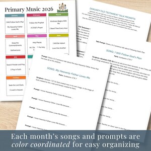 Może przedstawiać: Zestaw wydrukowanych dokument&oacute;w zatytułowanych Primary Music 2026, zawierający miesięczny kalendarz z tytułami piosenek i kolorowymi nagł&oacute;wkami. Dodatkowe strony zawierają propozycje rozm&oacute;w, odniesienia do pism świętych oraz teksty.