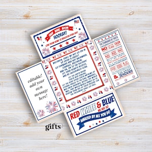 May include: A patriotic greeting card with a red, white, and blue theme. The card features text, including "Snap Bang Boom Hooray!" and "Red White & Blue We Are So Amazed By All You Do." It has a customizable section.