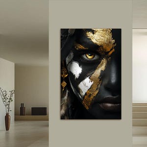 Modern Abstract Black Woman Framed Canvas Wall Art, Modern Fashion Black&Gold Painting, Home Decor For Living room Bedroom Office Club Hall