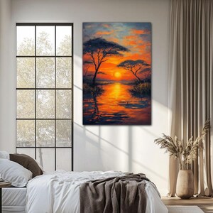 Lake and Sunset - Framed Canvas Wall Art, Nature Landscape Poster Painting, Home Decor for Living Room Bedroom, Seasonal Decor