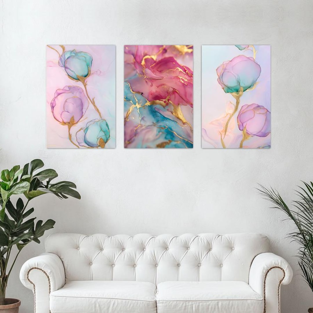 3PC Set Pink and Gold Marble - Framed Canvas Wall Art, Modern Gold Art ...