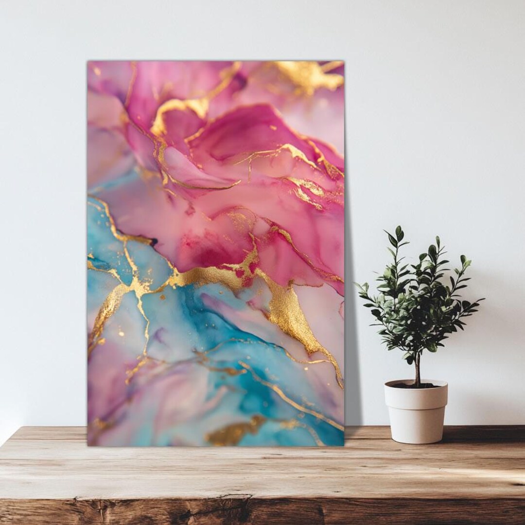 Pink and Gold Marble - Framed Canvas Wall Art, Modern Gold Art Poster ...
