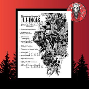 Cryptids of Illinois Karte Kunstdruck, Cryptid Wandkunst, Monster Poster