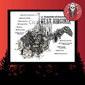 Cryptids of West Virginia Map Art Print, Cryptid Wall Art, Monster Poster