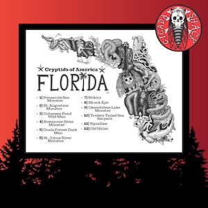 Cryptids of Florida Map Art Print, Cryptid Wall Art, Monster Poster
