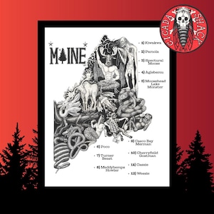 Cryptids of Maine Map Art Print, Cryptid Wall Art, Monster Poster