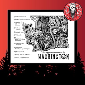 Puede incluir: Ilustración en blanco y negro de varios críptidos de Washington, incluyendo Cadborosaurus y Batsquatch. La imagen se titula "Cryptids of America" y presenta un logotipo de calavera. El texto está en inglés.