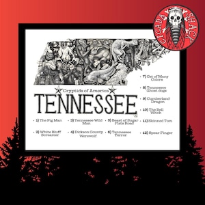 Cryptids of Tennessee Map Art Print, Cryptid Wall Art, Monster Poster