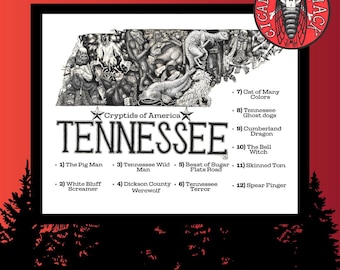 Cryptids of Tennessee Map Art Print, Cryptid Wall Art, Monster Poster