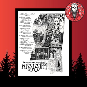 IMPROVED: Cryptids Of Mississippi Map, Cryptid Wall Art, Monster Poster