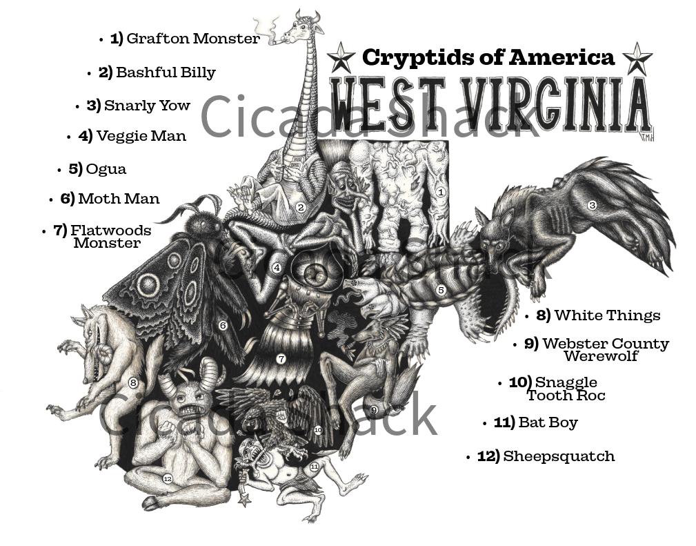 Cryptids of West Virginia Map Art Print, Cryptid Wall Art, Monster ...