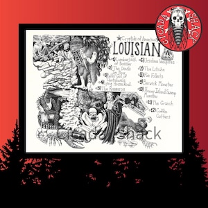 Cryptids of Louisiana Map Art Print, Cryptid Wall Art, Monster Poster