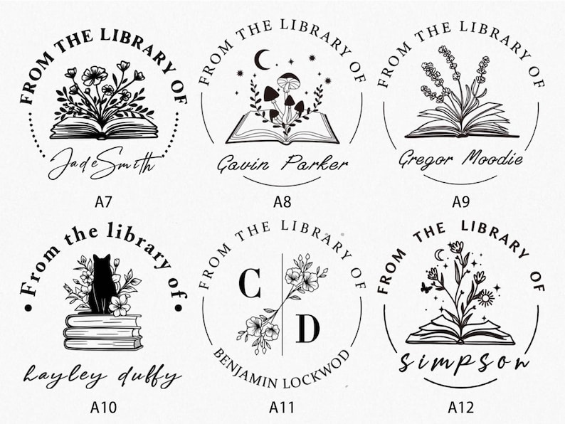 May include: Black and white library stamps with floral and botanical designs. Each stamp features the text "From the Library of" and a name. Designs include open books, flowers, mushrooms, and a cat.