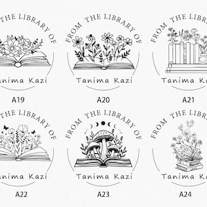 May include: A collection of six black and white library stamps. Each stamp features an open book with floral or botanical illustrations, the text "FROM THE LIBRARY OF" and the name "Tanima Kazi".