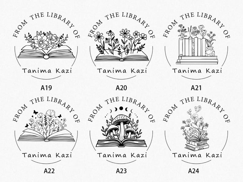 May include: A collection of six black and white library stamps. Each stamp features an open book with floral or botanical illustrations, the text "FROM THE LIBRARY OF" and the name "Tanima Kazi".