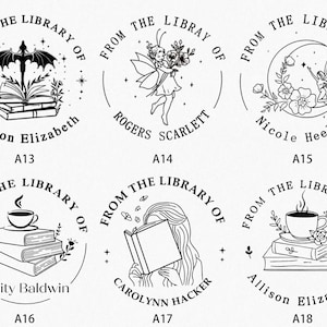 May include: Black and white circular stamps with the text "From the Library of" and various names. Designs include a bat over books, a fairy, a fairy on a crescent moon, a cup of coffee over books, and a person reading.
